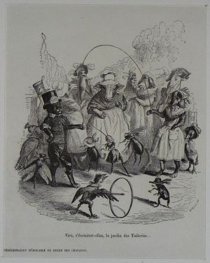 Gravure d'après J.-J. Grandville tirée de "Scènes de la vie privée et publique des animaux" (1853) : Pérégrination mémorable du doyen des crapauds