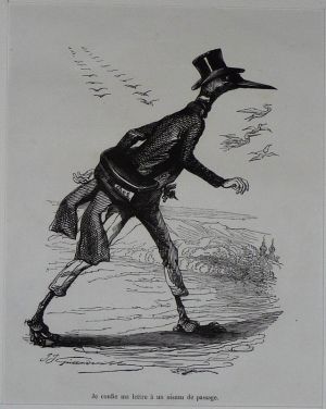 Gravure d'après J.-J. Grandville tirée de "Scènes de la vie privée et publique des animaux" (1853) : Lettres d'une hirondelle