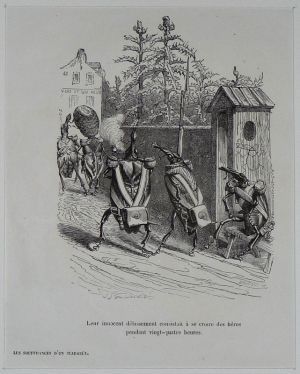 Gravure d'après J.-J. Grandville tirée de "Scènes de la vie privée et publique des animaux" (1853) : Les souffrances d'un scarabée