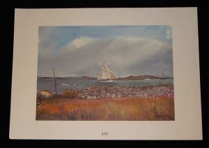 Aquarelle de Jean Vercel tirée de l'ouvrage "Les Iles Chausey" de R. Vercel : XXI. Départ de la Granvillaise