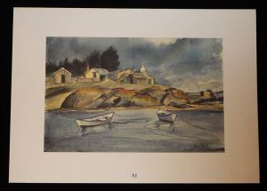 Aquarelle de Jean Vercel tirée de l'ouvrage "Les Iles Chausey" de R. Vercel : XI. Maisons de pêcheurs aux Blain-Villais