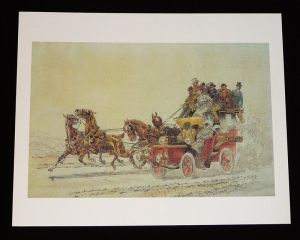 Gravure de G. La Roque, issue de l'ouvrage "Georges La Roque : Artiste, veneur et charmant homme" de J. M. Dunoyer de Segonzac : Automobile contre voiture à cheval