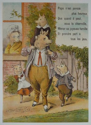 Illustration tirée de "La Gazette des enfants" (fin XIXe siècle) : La famille cochon