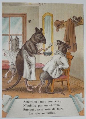 Illustration tirée de "La Gazette des enfants" (fin XIXe siècle) : Le barbier