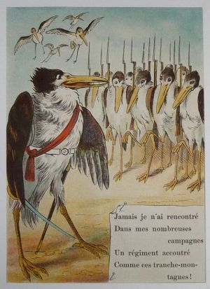 Illustration tirée de "La Gazette des enfants" (fin XIXe siècle) : Les échassiers militaires