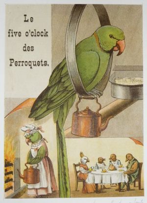 Illustration tirée de "La Gazette des enfants" (fin XIXe siècle) : Le five o'clock des perroquets