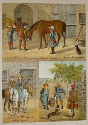 Illustration tirée de "La Gazette des enfants" (fin XIXe siècle) : La sortie à cheval