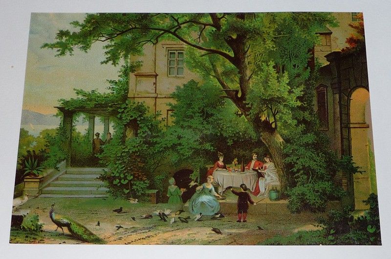 Chromo XIXe siècle : Le déjeuner dans le jardin