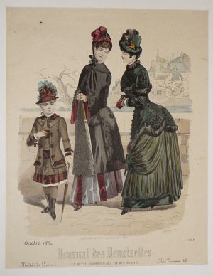 Gravure de mode XIXe siècle tirée du "Journal des Demoiselles" (octobre 1884, n°4488)