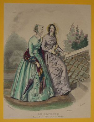 Gravure de mode XIXe siècle par Héloïse Leloir, tirée du "Caprice, journal des dames et des modes" (n°355)