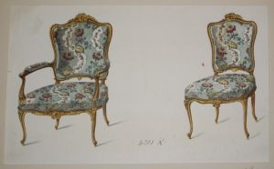 Litho XIXe siècle : Fauteuil et chaise Louis XV - Gondole
