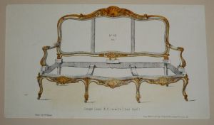 Litho XIXe siècle : Canapé Louis XIV, rocaille (bois doré) - Meubles Victor Quetin