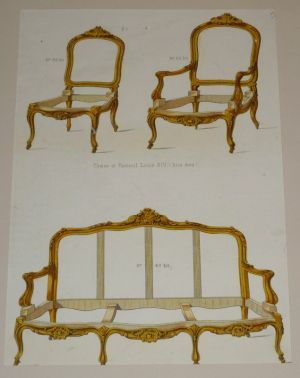 Litho XIXe siècle : Chaise, fauteuil et canapé Louis XIV (bois doré) - Meubles Victor Quetin