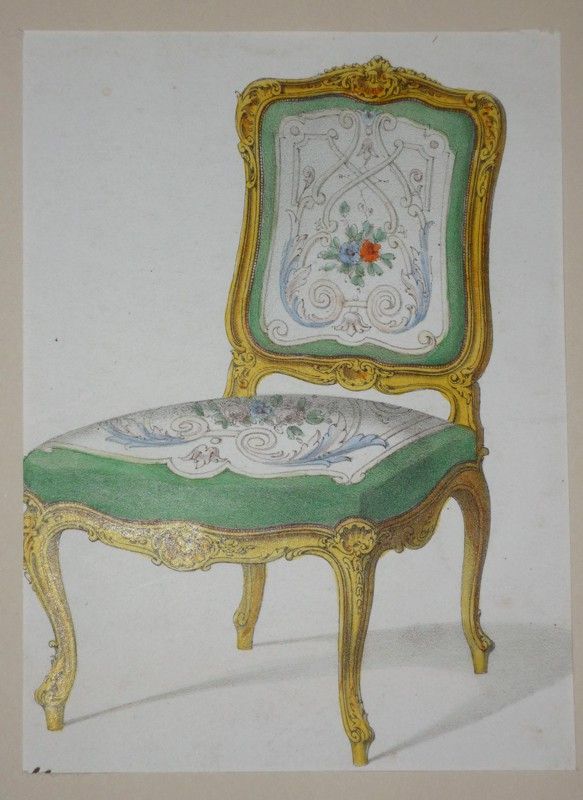 Litho XIXe siècle : Fauteuil ancien vert et or (D. Guilmard, Midart lith.)