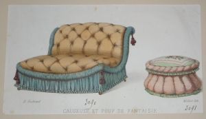 Litho XIXe siècle : Causeuse et pouf de fantaisie (D. Guilmard, Midart lith.)