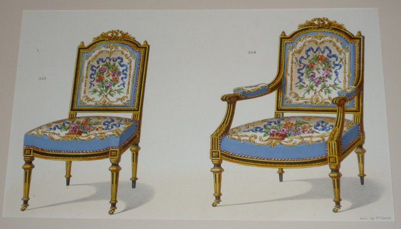 Lithographie XIXe siècle : Chaise et fauteuil Louis XVI, noir et or, dessiné par Victor Quetin