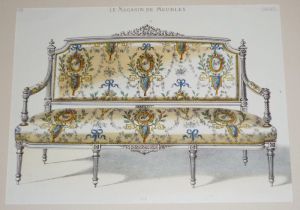 Lithographie XIXe siècle : Canapé Louis XVI, bois laqué, dessiné par Victor Quetin (Le Magasin de meubles)