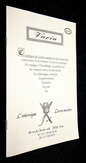 Catalogue n°61 de L'intersigne - Varia : Livres anciens et livres rares