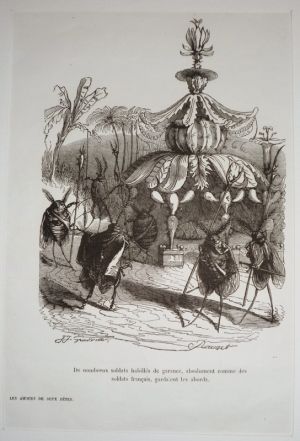 Gravure d'après J.-J. Grandville tirée de "Scènes de la vie privée et publique des animaux" (1853) : Les amours de deux bêtes