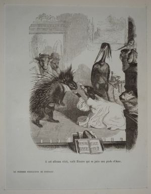 Gravure d'après J.-J. Grandville tirée de "Scènes de la vie privée et publique des animaux" (1853) : Le premier feuilleton de pistolet