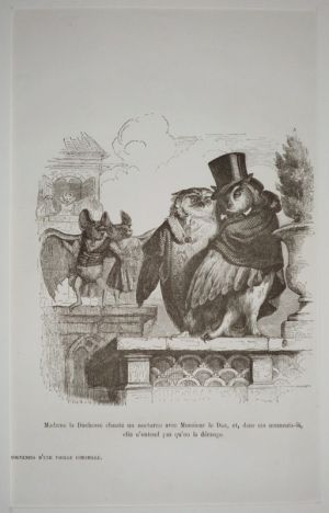 Gravure d'après J.-J. Grandville tirée de "Scènes de la vie privée et publique des animaux" (1853) : Souvenirs d'une vieille corneille