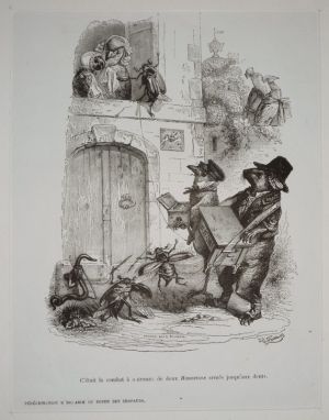 Gravure d'après J.-J. Grandville tirée de "Scènes de la vie privée et publique des animaux" (1853) : Pérégrinations mémorables du doyen des crapauds