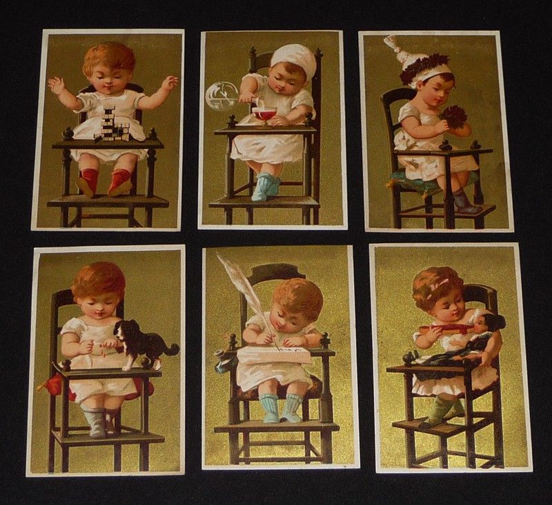 Lot de 6 chromos XIXe : Chaises d'enfant