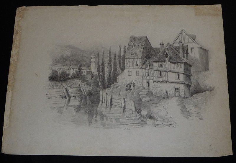 Dessin au crayon graphite : Vieille demeure au bord de l'eau