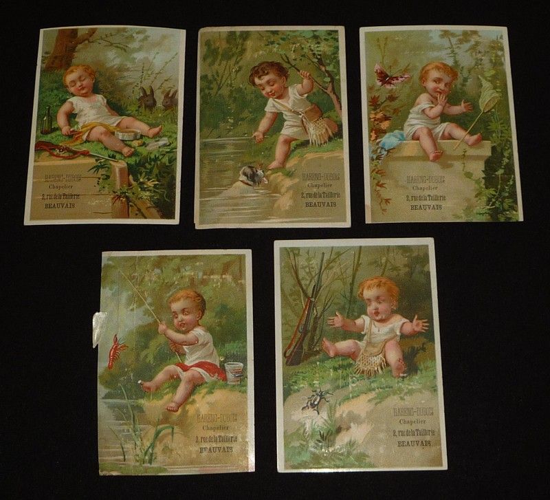Lot de 5 chromos : Bébés à la chasse et à la pêche