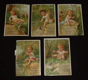 Lot de 5 chromos : Bébés à la chasse et à la pêche