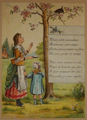 Illustration tirée de "La Gazette des enfants" (fin XIXe siècle) : Chat perché dans un arbre