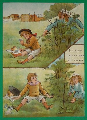 Illustration tirée de "La Gazette des enfants" (fin XIXe siècle) : Il y a loin de la coupe aux lèvres