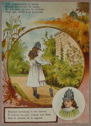Illustration tirée de "La Gazette des enfants" (fin XIXe siècle) : Lily dans son jardin