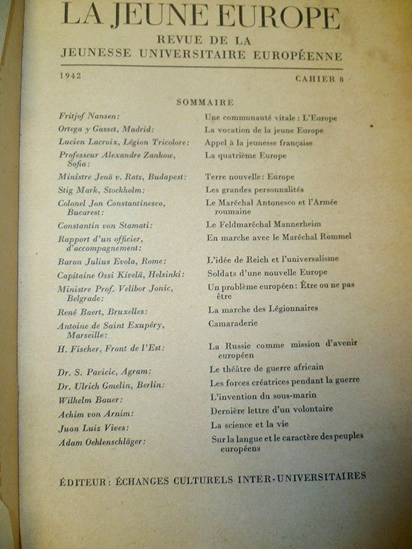 Lot de 7 numéros de la revue 'La Jeune Europe, revue de la jeunesse universitaire européenne' (n°4,6, 7, 8, 11, 12 (1942) et n°1/2 (1943))