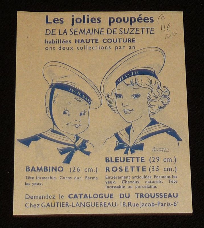 Publicité - Les jolies poupées de la Semaine de Suzette : Bambino, Bleuette, Rosette (Manon Iessel)