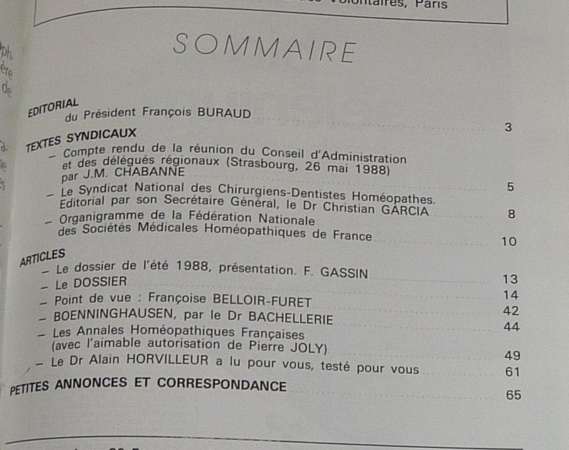 Le Médecin homéopathe (n°3/1988 - Bulletin du Syndicat national des médecins homéopathes français)