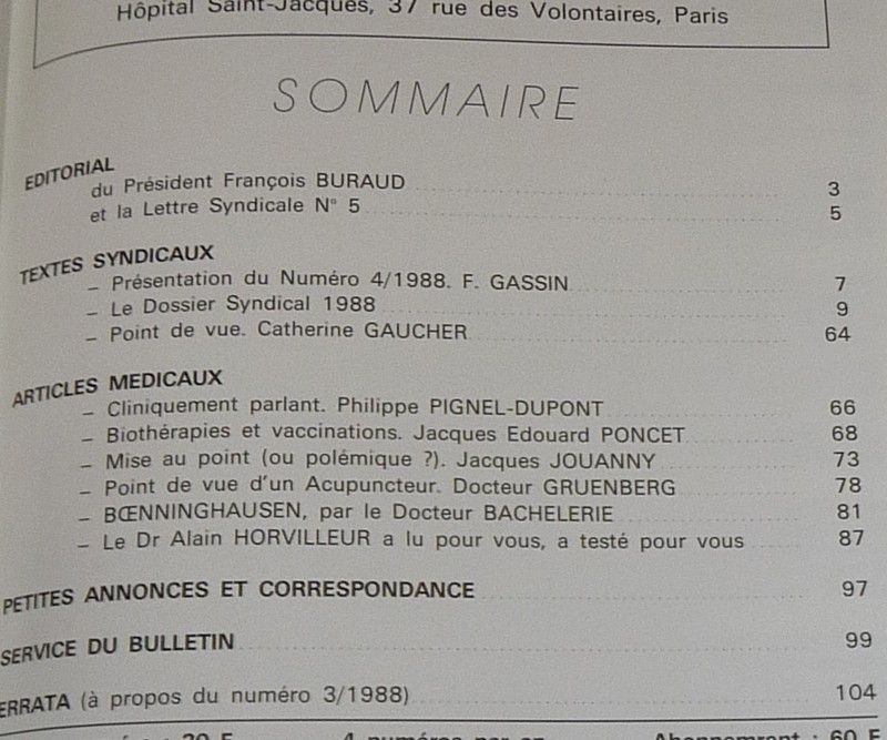 Le Médecin homéopathe (n°4/1988 - Bulletin du Syndicat national des médecins homéopathes français)