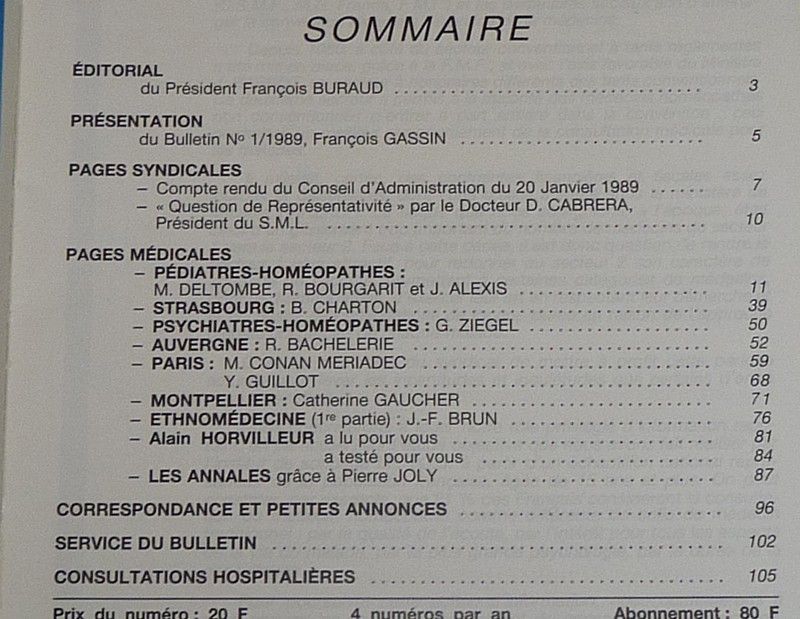 Le Médecin homéopathe (n°1/1989 - Bulletin du Syndicat national des médecins homéopathes français)
