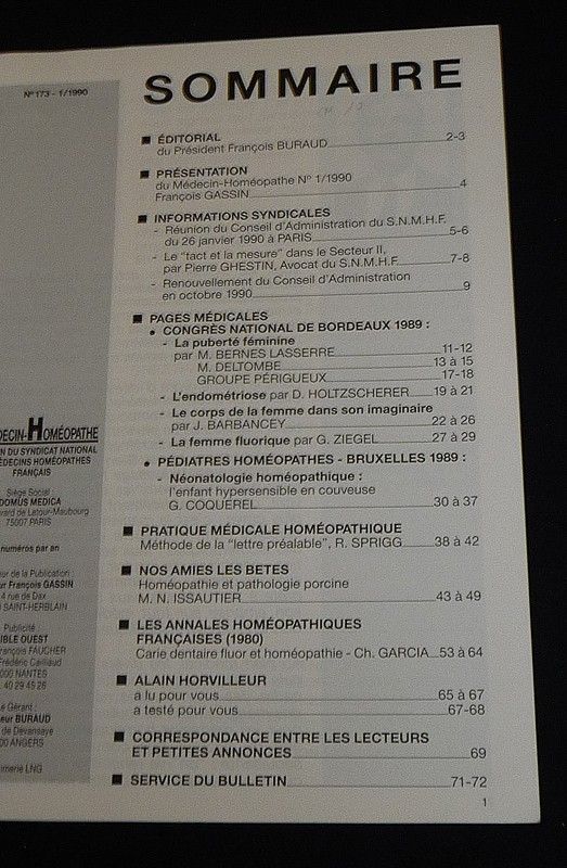 Le Médecin homéopathe (n°173 - 1/1990 - Bulletin du Syndicat national des médecins homéopathes français)