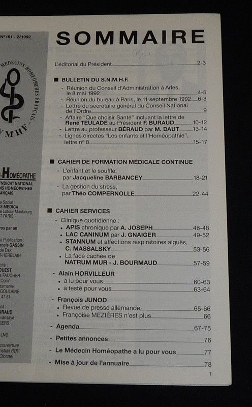 Le Médecin homéopathe (n°181 - 2/1992 - Bulletin du Syndicat national des médecins homéopathes français)