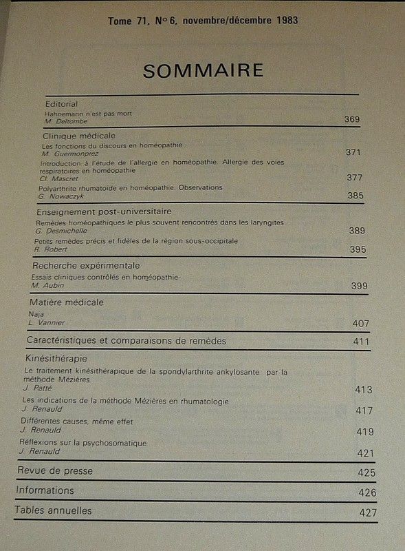 L'Homéopathie française (Tome 71 - n°6, novembre-décembre 1983) : Allergie des voies respiratoires - Les Laryngites - Kinésithérapie Mézières - Essais contrôlés en homéopathie