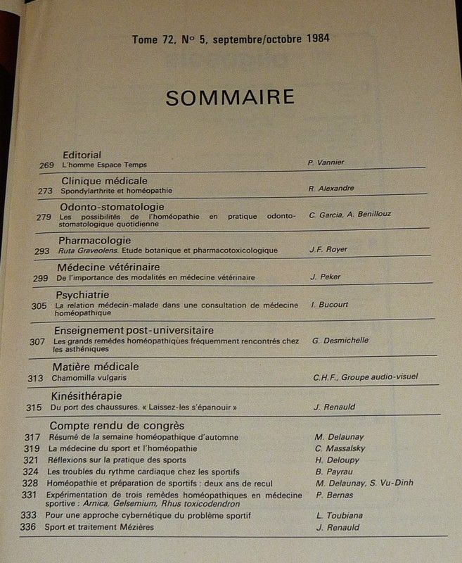 L'Homéopathie française (Tome 72 - n°5, septembre-octobre 1984) : Médecin sportive - Les asthénies - Relation médecin-malade en homéopathie