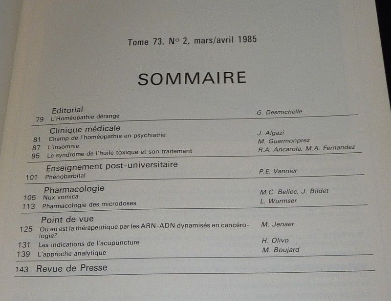 L'Homéopathie française (Tome 73 - n°2, mars-avril 1985) : Champ de l'homéopathie en psychiatrie - Pharmacologie des microdoses - L'insomnie