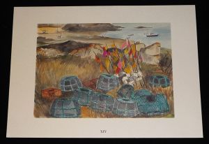 Aquarelle de Jean Vercel tirée de l'ouvrage "Les Iles Chausey" de R. Vercel : XIV. Casiers et bouées