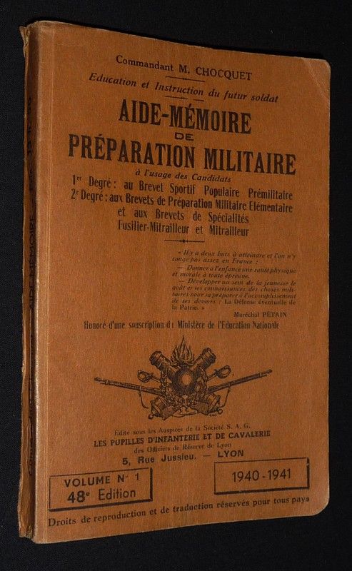 Aide-mémoire de préparation militaire, Volume n°1