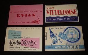 Lot de 4 buvards publicitaires : Eaux de Vichy - Evian - Contrex - Vittel