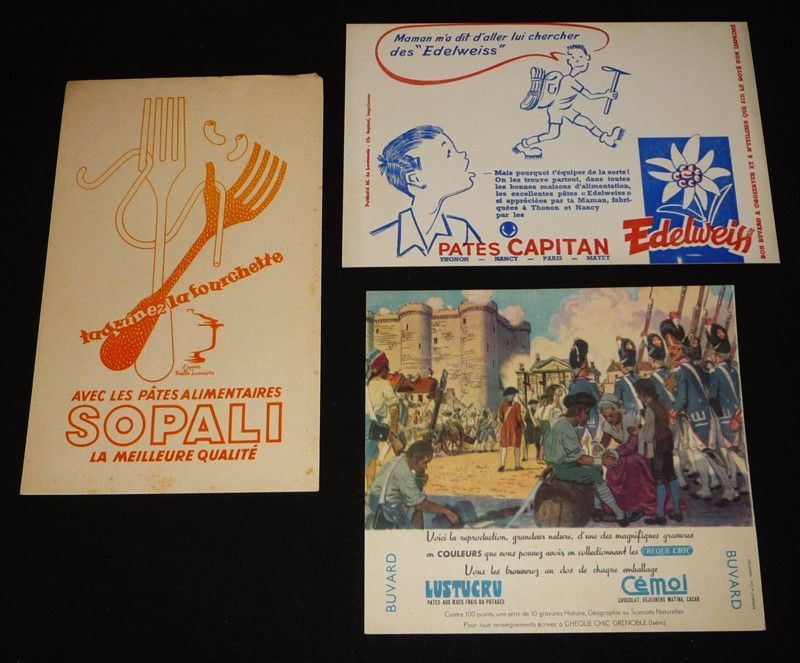Lot de 3 buvards publicitaires : Pâtes alimentaires Lustucru - Sopali - Edelweiss