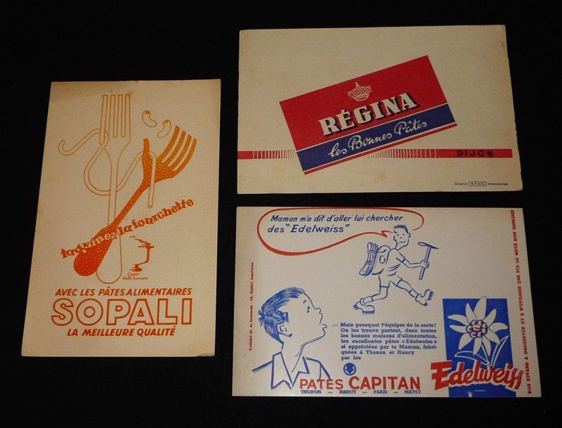 Lot de 3 buvards publicitaires : Pâtes alimentaires Régina - Sopali - Edelweiss