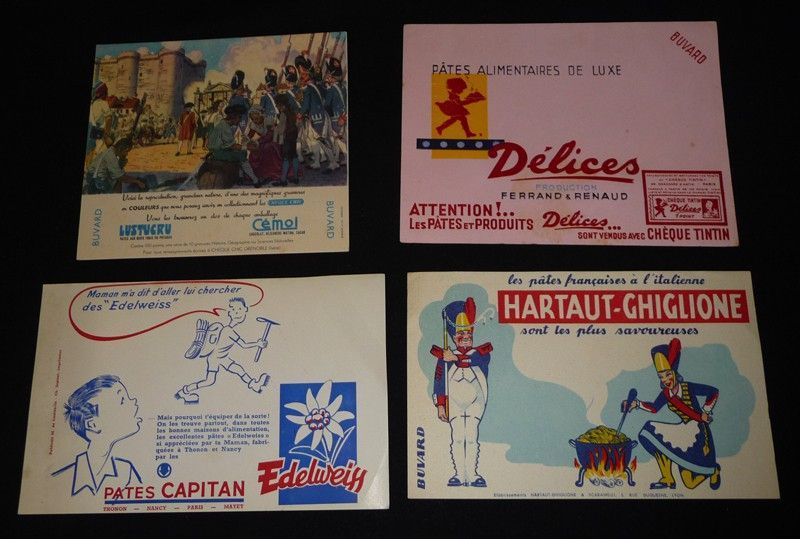 Lot de 4 buvards publicitaires : Pâtes alimentaires Lustucru - Hartaut-Ghiglione - Edelweiss - Délices