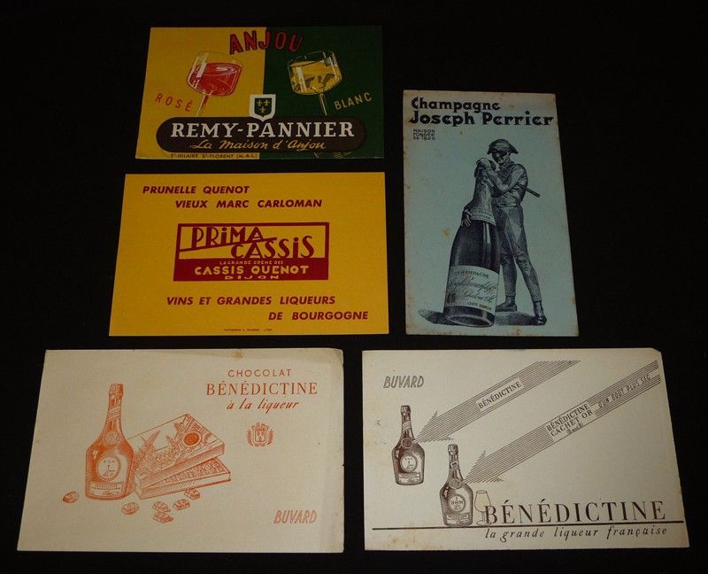 Lot de 5 buvards publicitaires pour des marques d'alcools : Joseph Perrier - Bénédictine - Quenot - Remy-Pannier